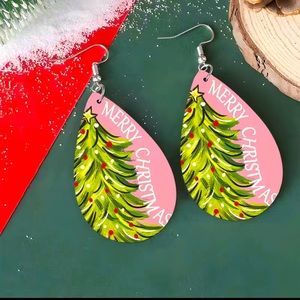 NWT Pink Merry Christmas Tree Faux Leather Earrings Holiday Jewelry